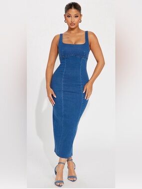 Fashion Nova Blue Denim Square-Neck Midi Dress